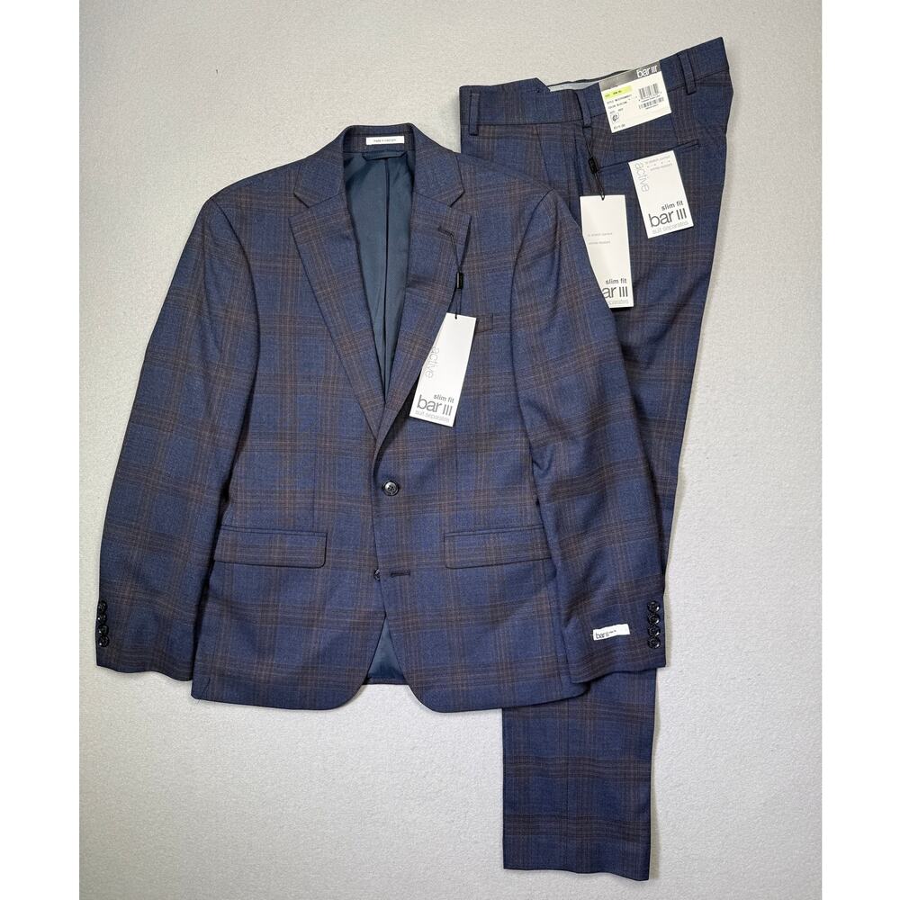 Bar III Men's Slim-Fit Wool Blend Suit Navy Plaid 36S- 30x30 $600